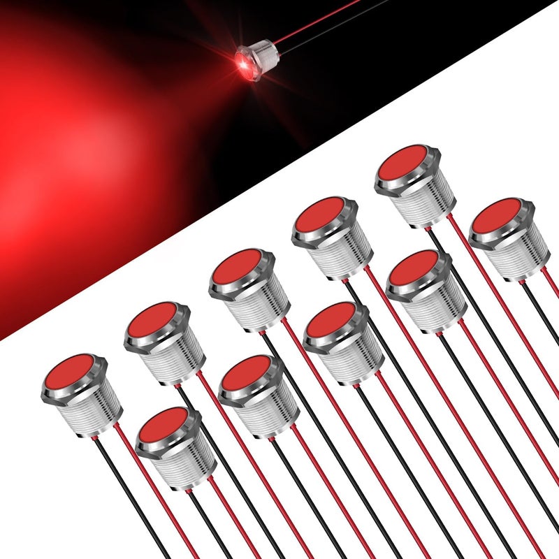 FICOLPO 10 قطع ضوء مؤشر معدني LED مقاوم للماء، 12-24 فولت، ثقب تركيب 0.75 بوصة مزود بأسلاك مسبقة للإشارة الضوئية للسيارات والشاحنات والقوارب والبحرية والعدادات والكهرباء الصناعية (أحمر، 19 مم) - Image 1